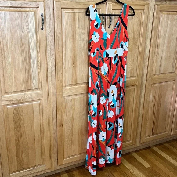 Sigrid Olsen Orange Floral V-Neck Maxi Dress with White & Teal Blooms - Picture 2 of 6
